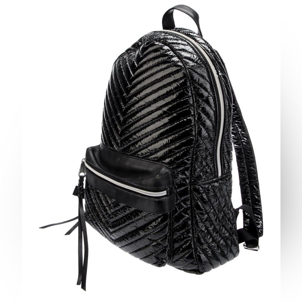 Rebecca Minkoff Pippa Large Backpack Black Patent Nylon Chevron Quilted Laptop - Picture 4 of 16